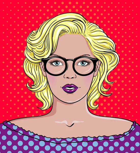 Pop Arte Vetor Ilustração Uma Mulher Com Óculos Mulher Bonita — Vetor de Stock