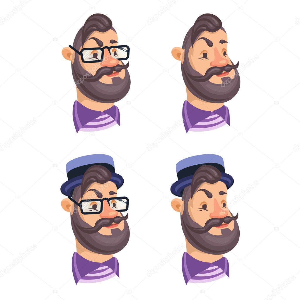 Set of vector bearded men faces hipsters with retro hat, eyeglass, haircuts, mustaches, beards. Silhouettes, avatars, heads, emblems, icons, labels
