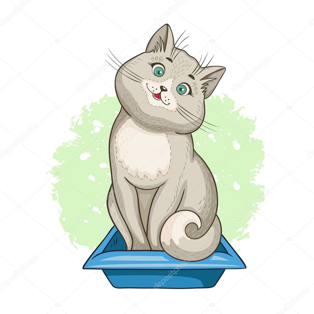 Cat that sits in an at litter tray. Hand drawn style vector design illustrations