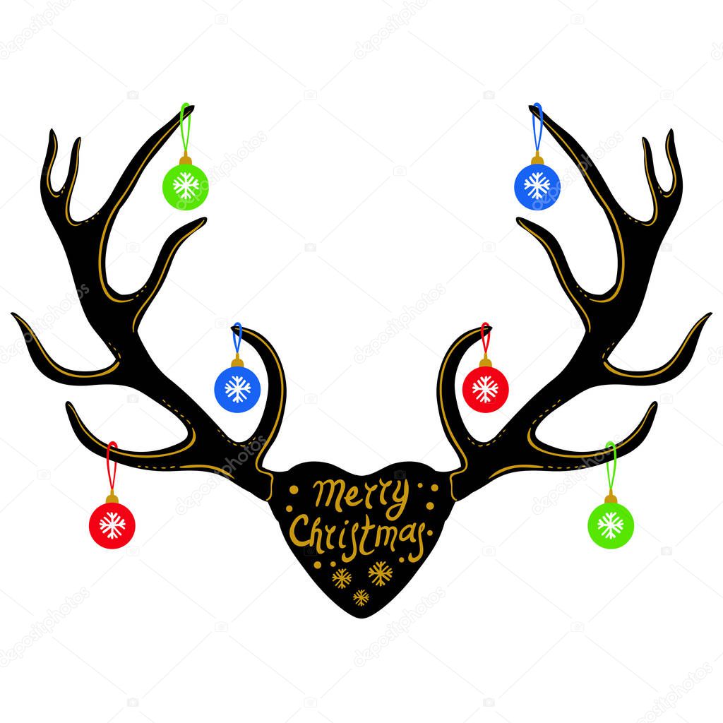 Christmas decoration on Reindeer horns, silhouette isolated on white, vector