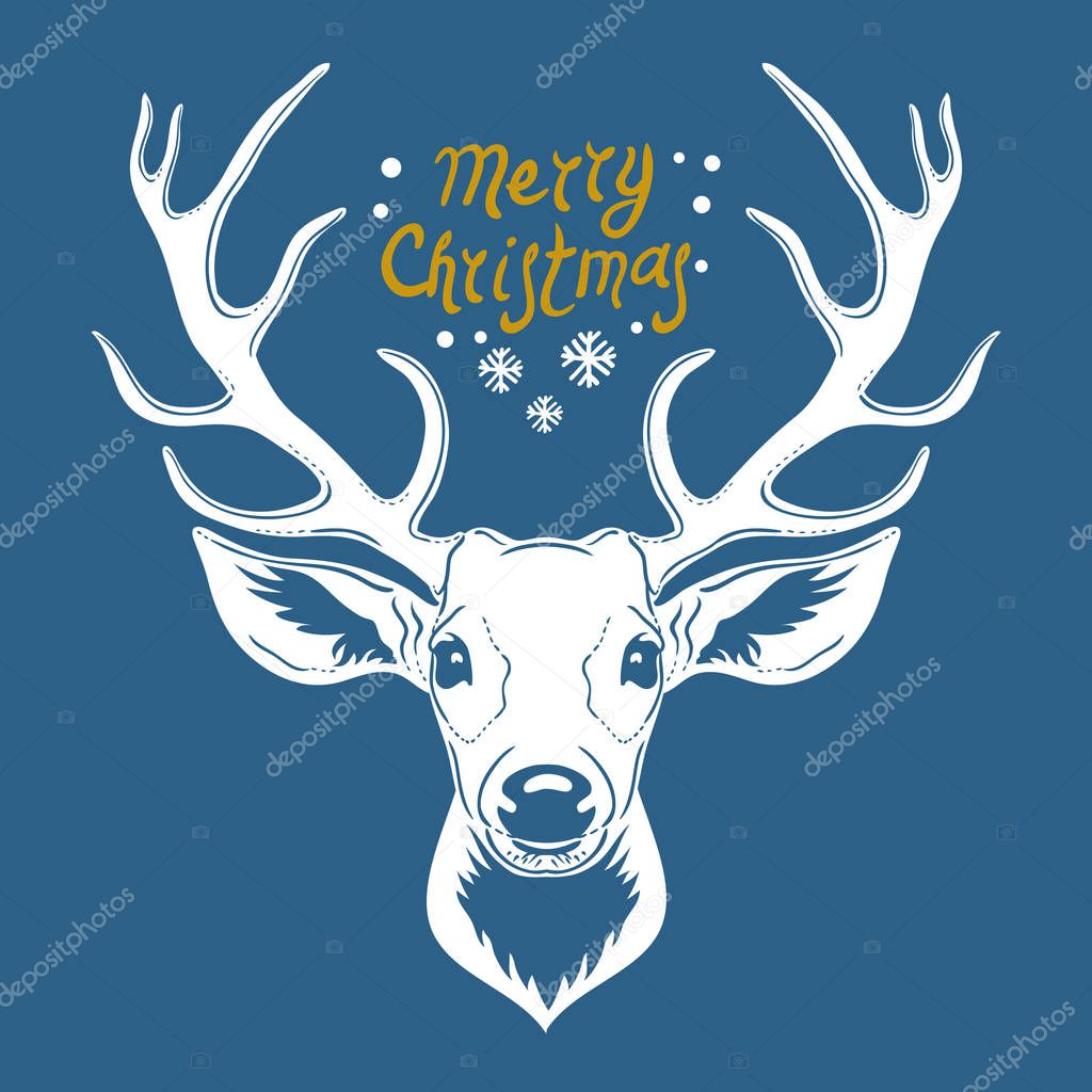 Reindeer head  isolated on blue background, vector illustration. Christmas Design