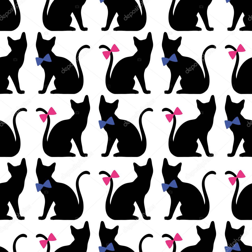 Seamless pattern with black cat silhouette. Vector background