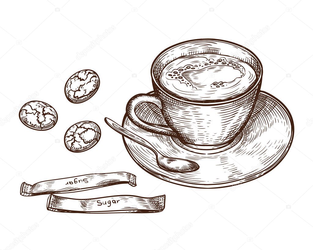 Hand Drawn set, Cup of hot drink, oat cookies and packaging sugar, isolated on white background
