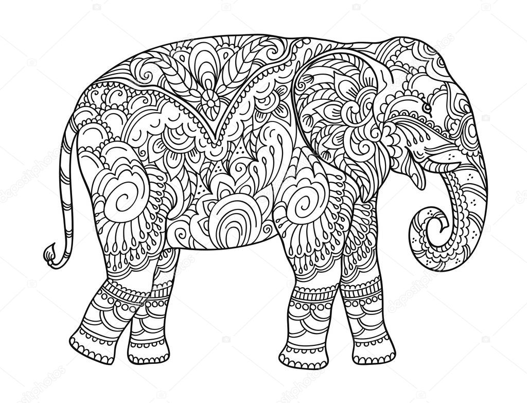 Drawing zentangle elephant, for coloring book for adult or other decorations. Black and white version illustration