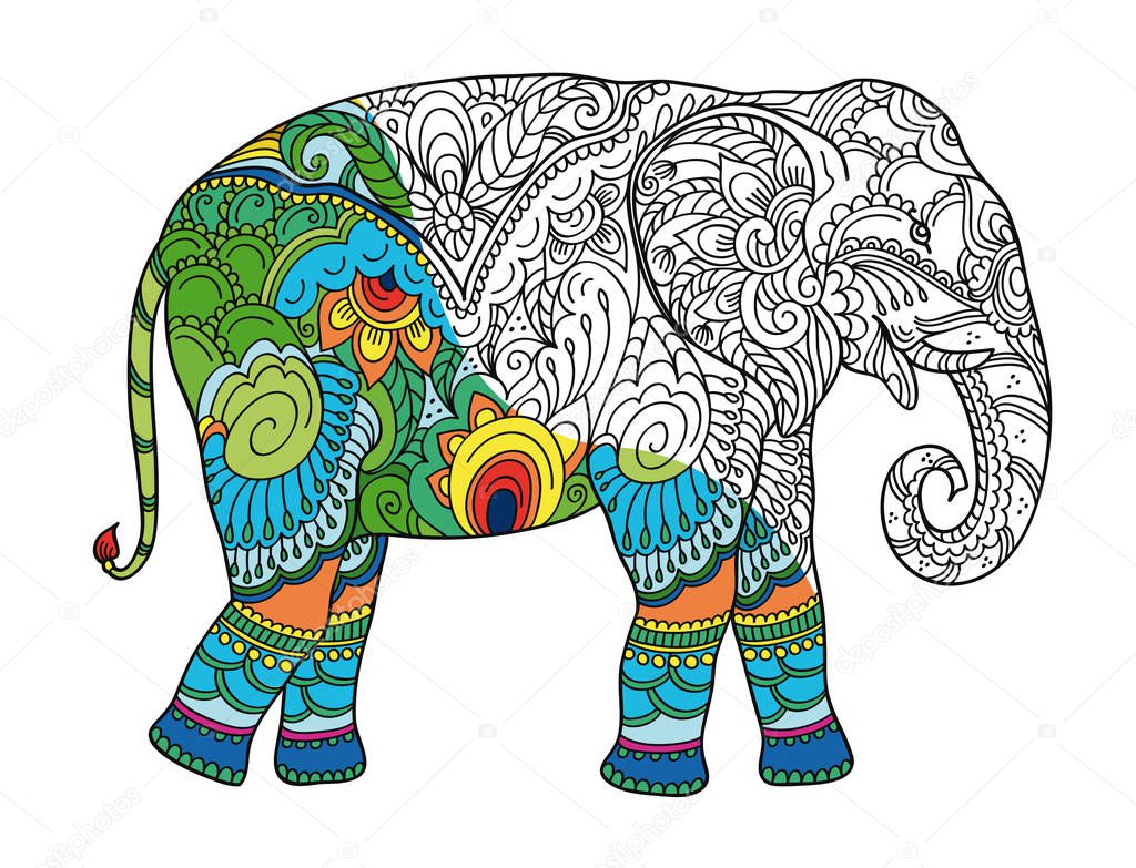 Drawing stylized elephant. Freehand sketch for adult anti stress coloring book for adultpage with doodle and zentangle elements. With sample coloring