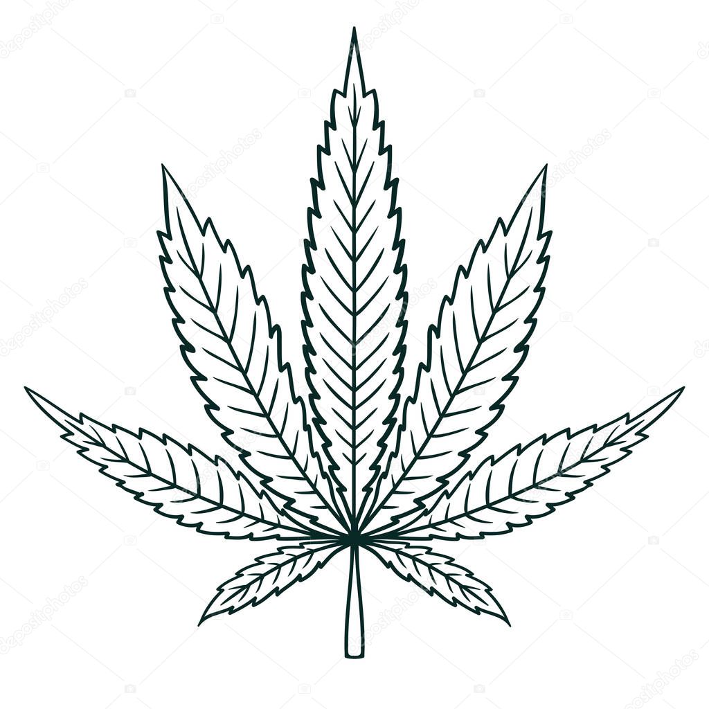 Cannabis (Marijuana) Leaf in Flat Vintage Style. Contour image sheet
