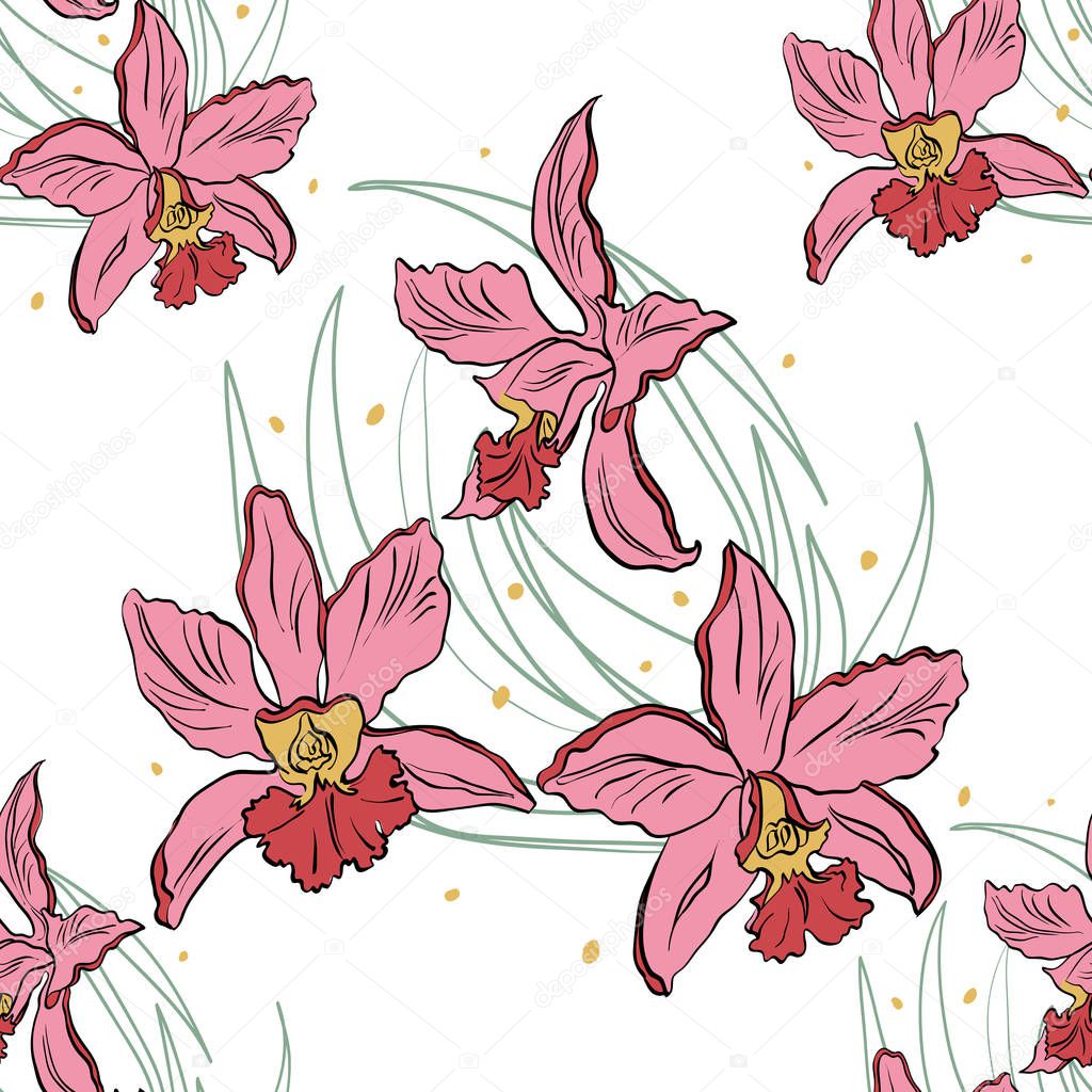 Seamless pattern of pink orchids on a white background. Orchid isolated