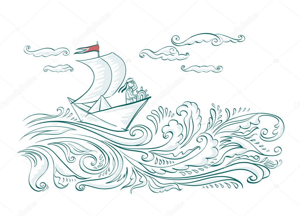 Origami paper boat on the waves of the sea with a sailor