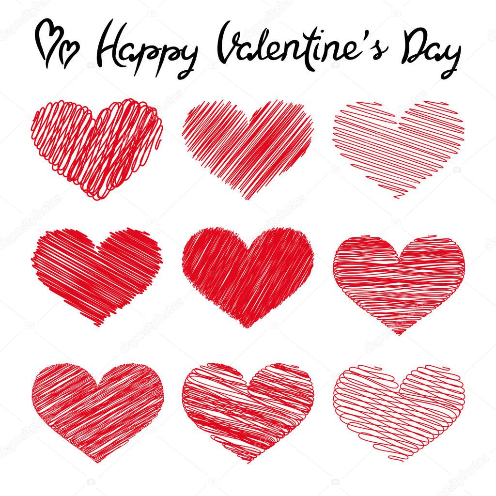 Happy Valentine's Day lettering and doodle hearts on white background, vector illustration