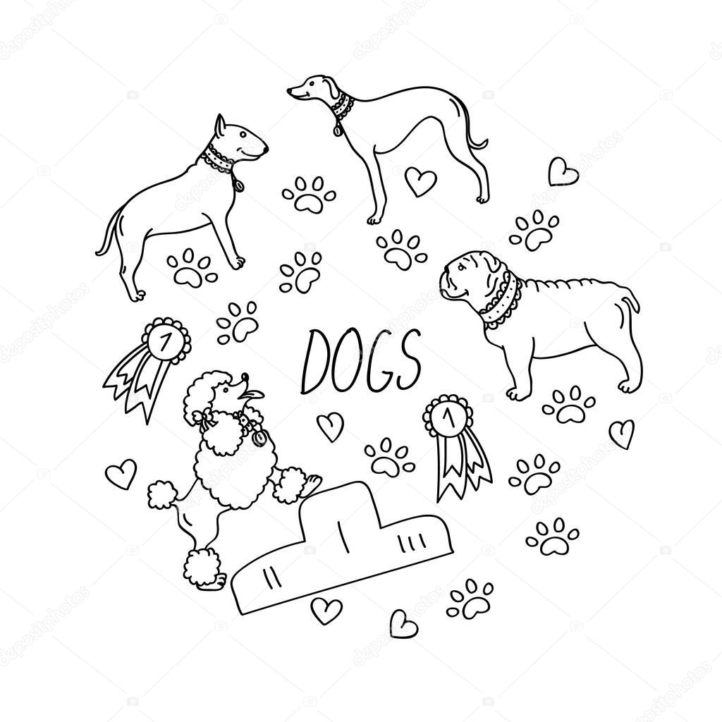 Set of design elements - dog breeds (dachshund, laika, dalmatian, retriever, beagle, german shepherd), awards, heart, paw trace isolated on white background in flat style. Contour images 