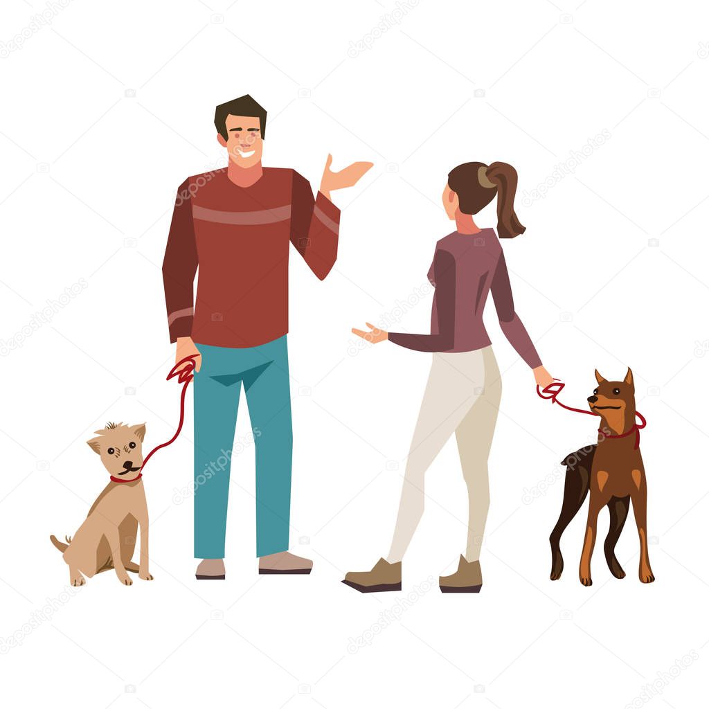 Young people ( guy and girl) talking while walking their dogs.  Illustration of people with pets isolated on white  background