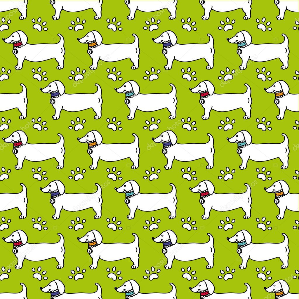 Seamless pattern - dog profile, paw trace isolated on green background in flat style. Breed dachshund.  Design for wrapping paper