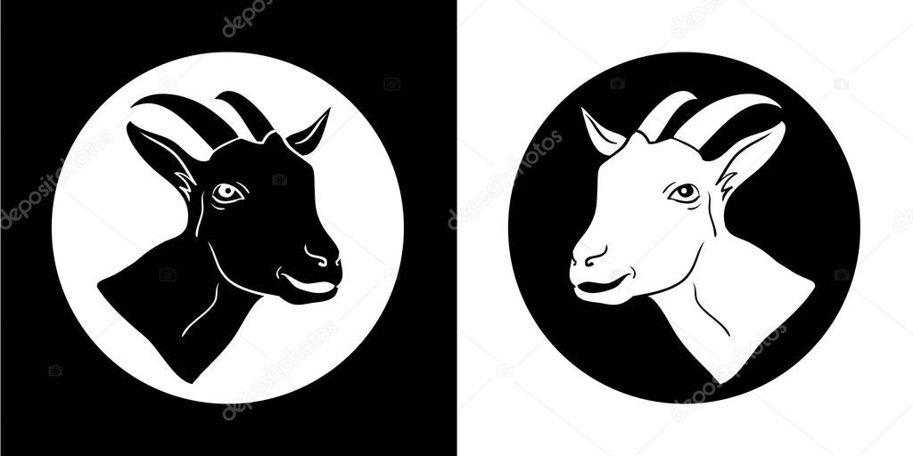 Goat. Goat head. Goat isolated, black silhouettes of the head 