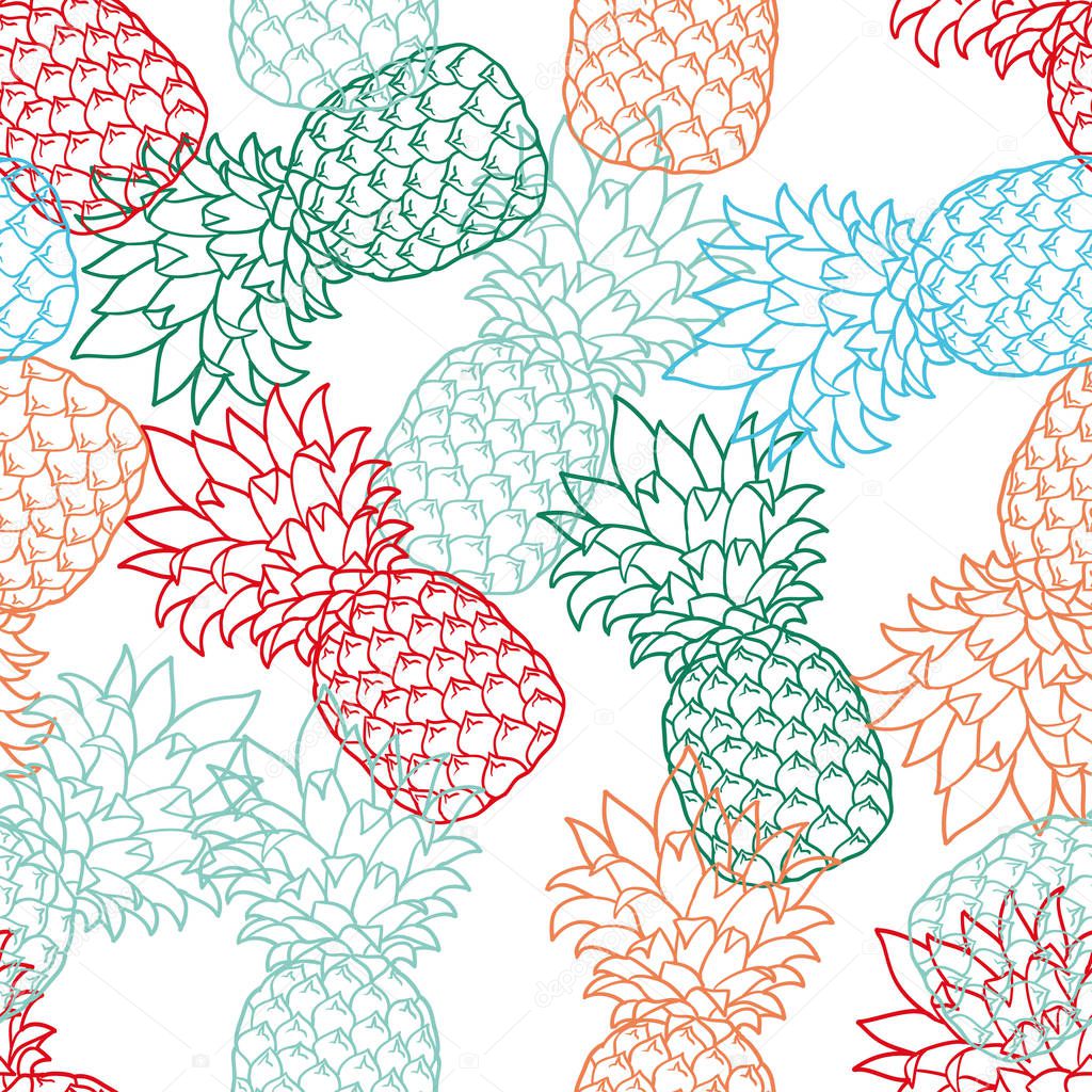 Seamless Pattern with Pineapples color, contour. Pineapple on white background