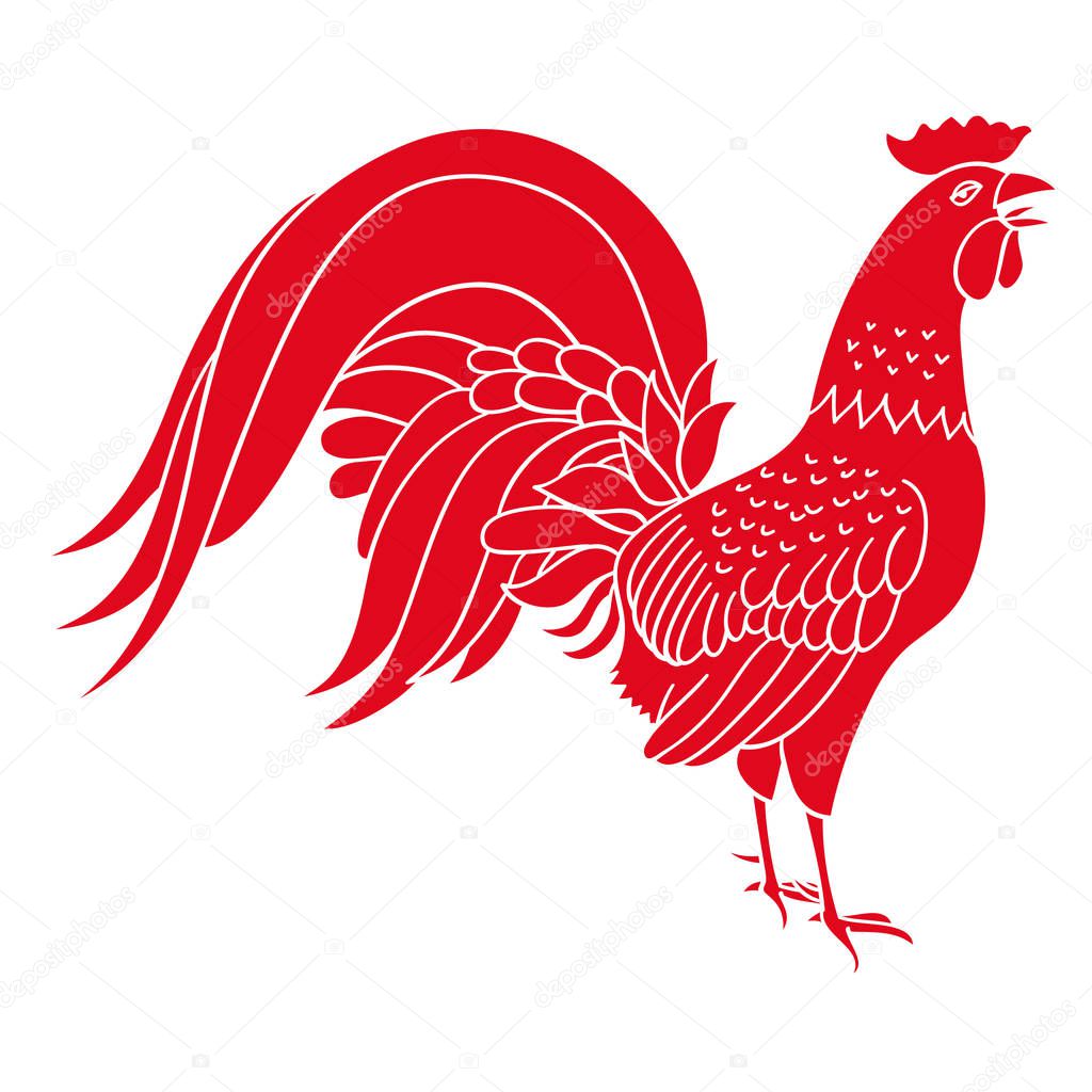 Rooster, symbol of on the Chinese calendar. Silhouette of red cock