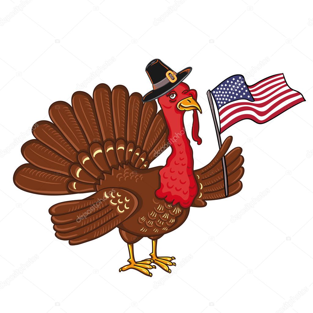 Turkey with flag of America, isolated on the white background