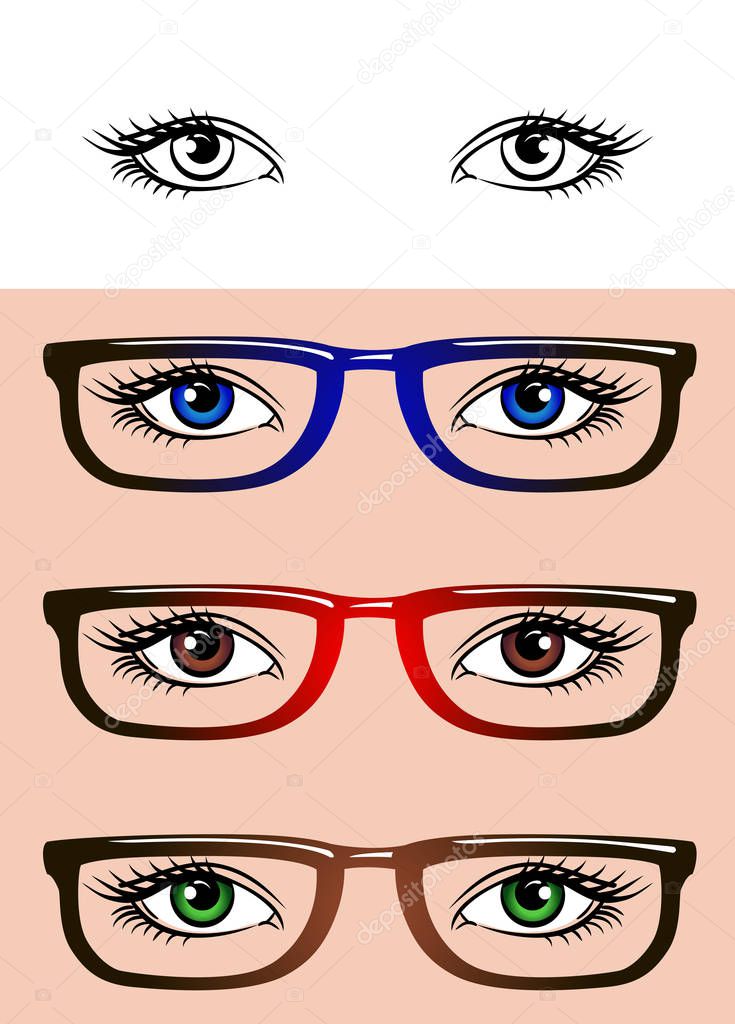 Eyes isolated on white background. Set of women's eyes with hipster glasses