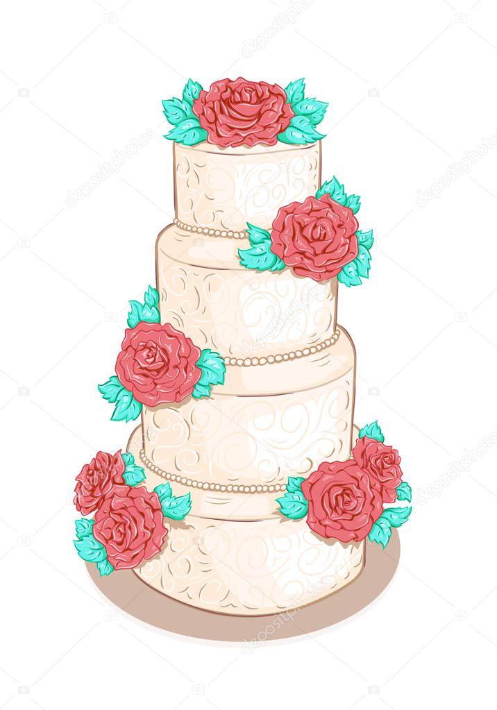 White layered wedding cake with flowers (roses)  isolated on white background
