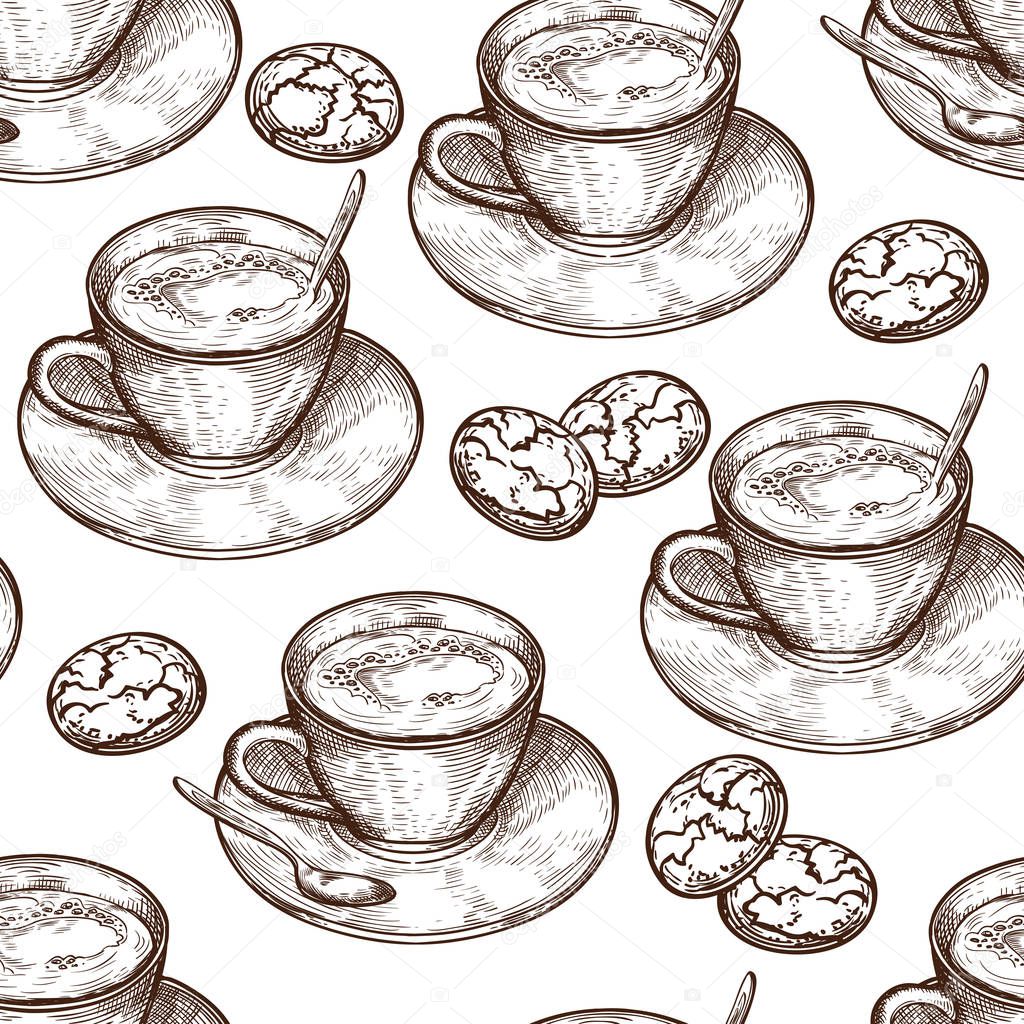 Hand Drawn food seamless pattern, Cup (mug) of hot drink (coffee, tea etc), oat cookies