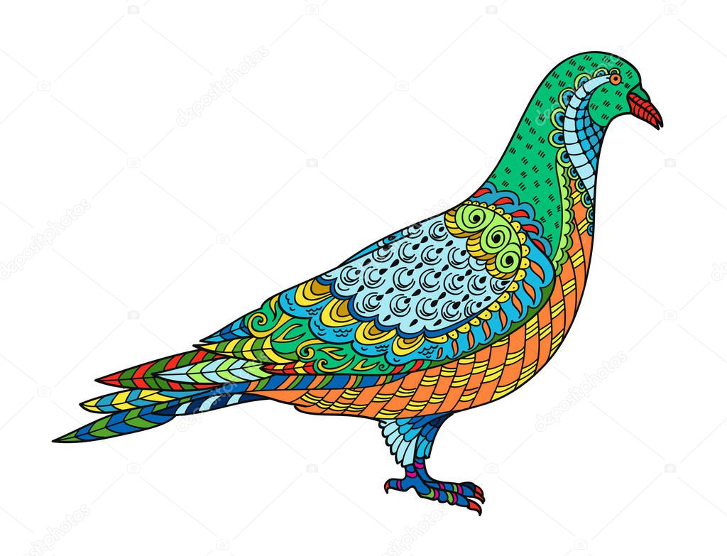 Drawing stylized dove (pigeon). Freehand sketch for adult anti stress coloring book for adultpage with doodle and zentangle elements. Multicolor bright colors