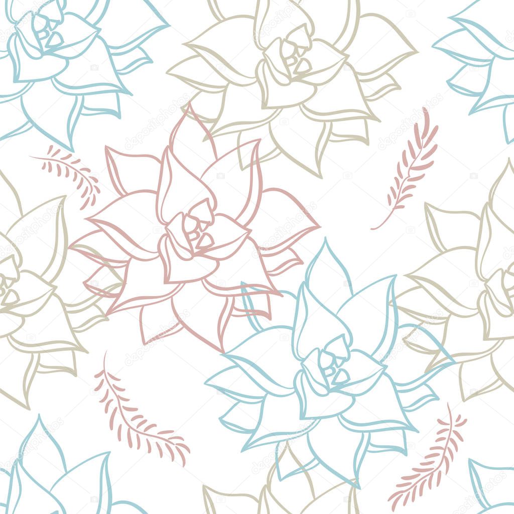 Succulent. Hand drawn seamless pattern plants on white background. Floral texture