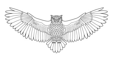 Baykuş. Kartal baykuş anahat amblemi hippi tarzı. Kuşlar. Siyah beyaz el çizilmiş doodle. Beyaz arka plan üzerinde simgesi tasarım. Vektör satırı simgesi