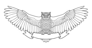 Baykuş. Kartal baykuş anahat amblemi hippi tarzı kurdele ile. Kuşlar. Siyah beyaz el çizilmiş doodle. Beyaz arka plan üzerinde simgesi tasarım. Vektör satırı simgesi