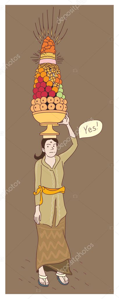 Woman with an offering to the spirits vector illustration. Bali culture art. Traditional ceremonial basket with fruits. Vector illustration