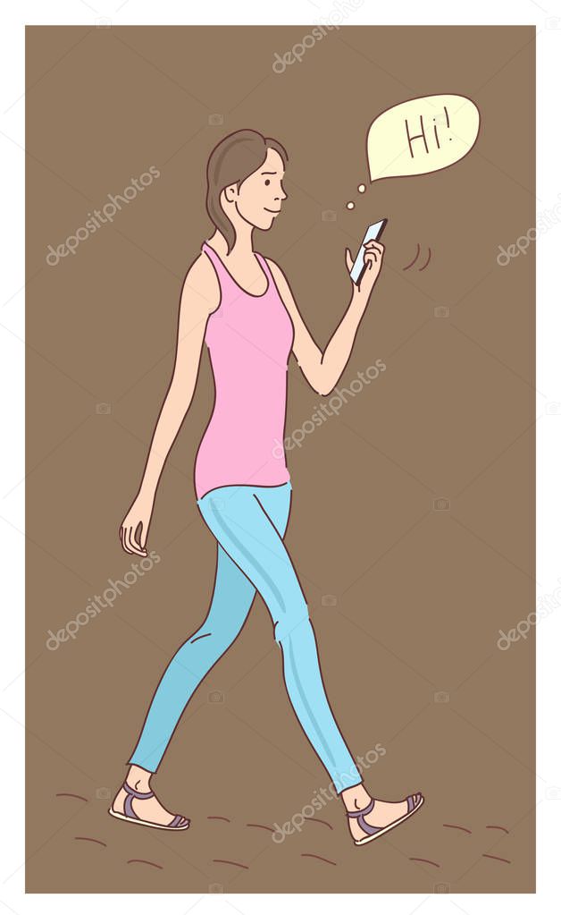 Girl using a smartphone. Flat design cartoon. Talk to each other using a smartphone. Flat cartoon vector illustration. Smartphone in the hand
