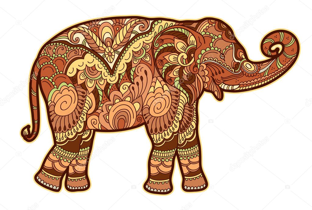 Drawing stylized elephant. Freehand sketch for adult anti stress coloring book for adultpage with doodle and zentangle elements. Multicolor bright colors