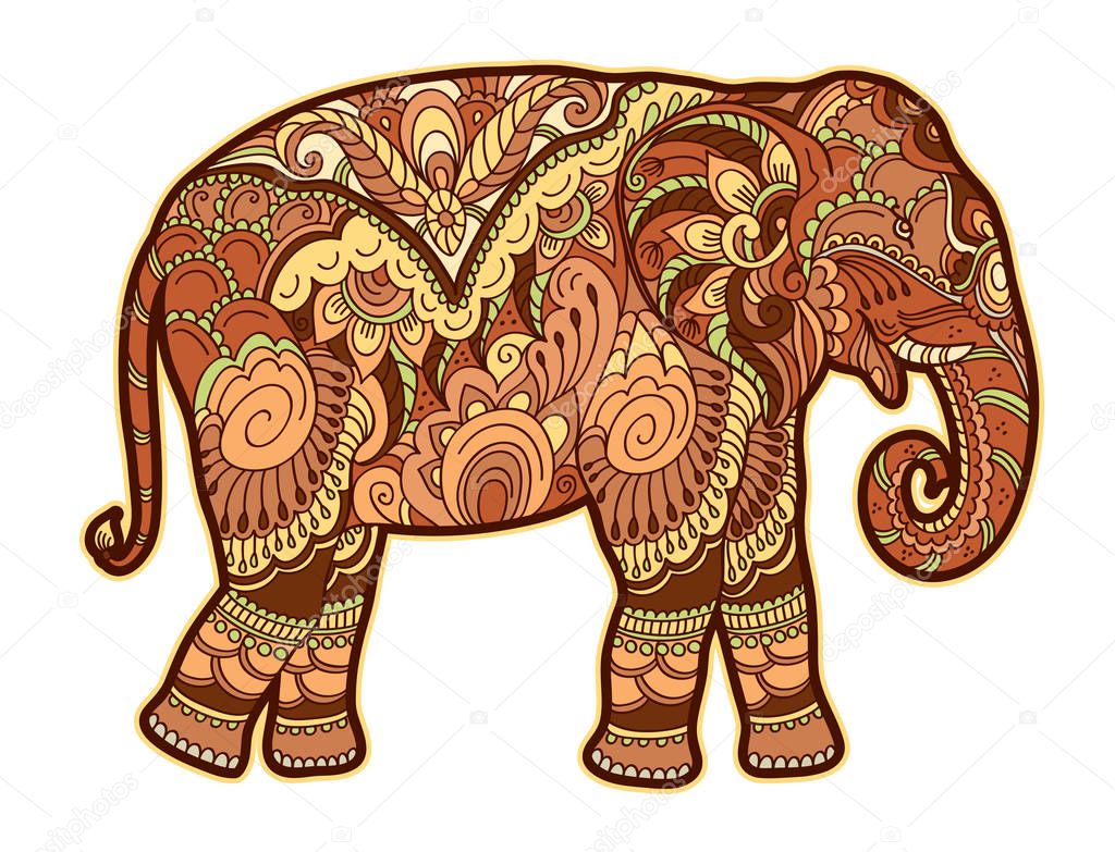 Drawing stylized elephant. Freehand sketch for adult anti stress coloring book for adultpage with doodle and zentangle elements. Multicolor bright colors