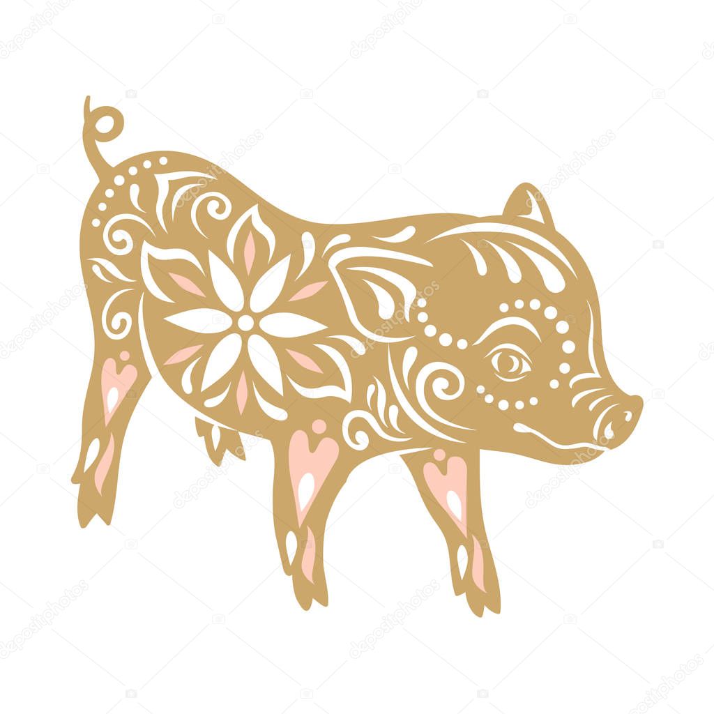 Sign pig. Happy Chinese New year 2019 year of the pig. Hand drawn style vector design illustrations