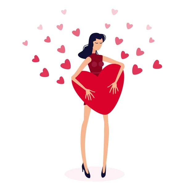 Büyük Kırmızı Kalpli Bir Kız Sevgililer Günü Konseptinde Sevgililer Günü — Stok Vektör