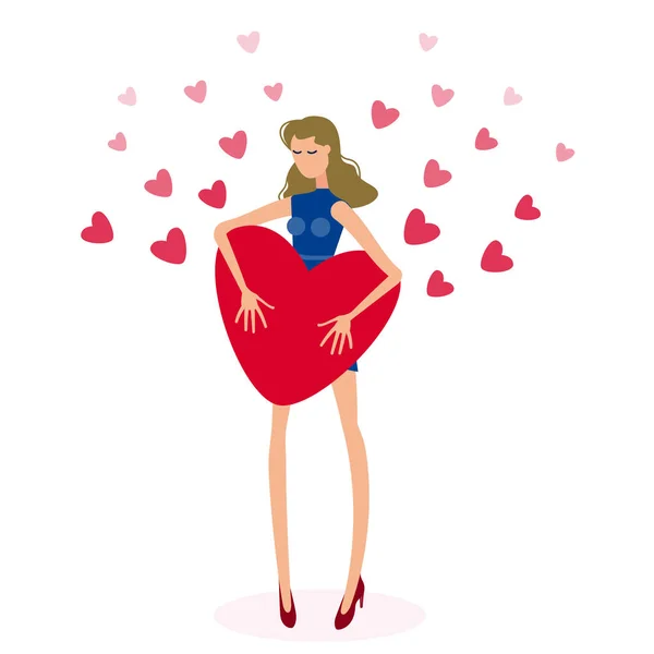 Beautiful Girl Holding Big Red Heart Isolated Figure Girl Long — Stock Vector