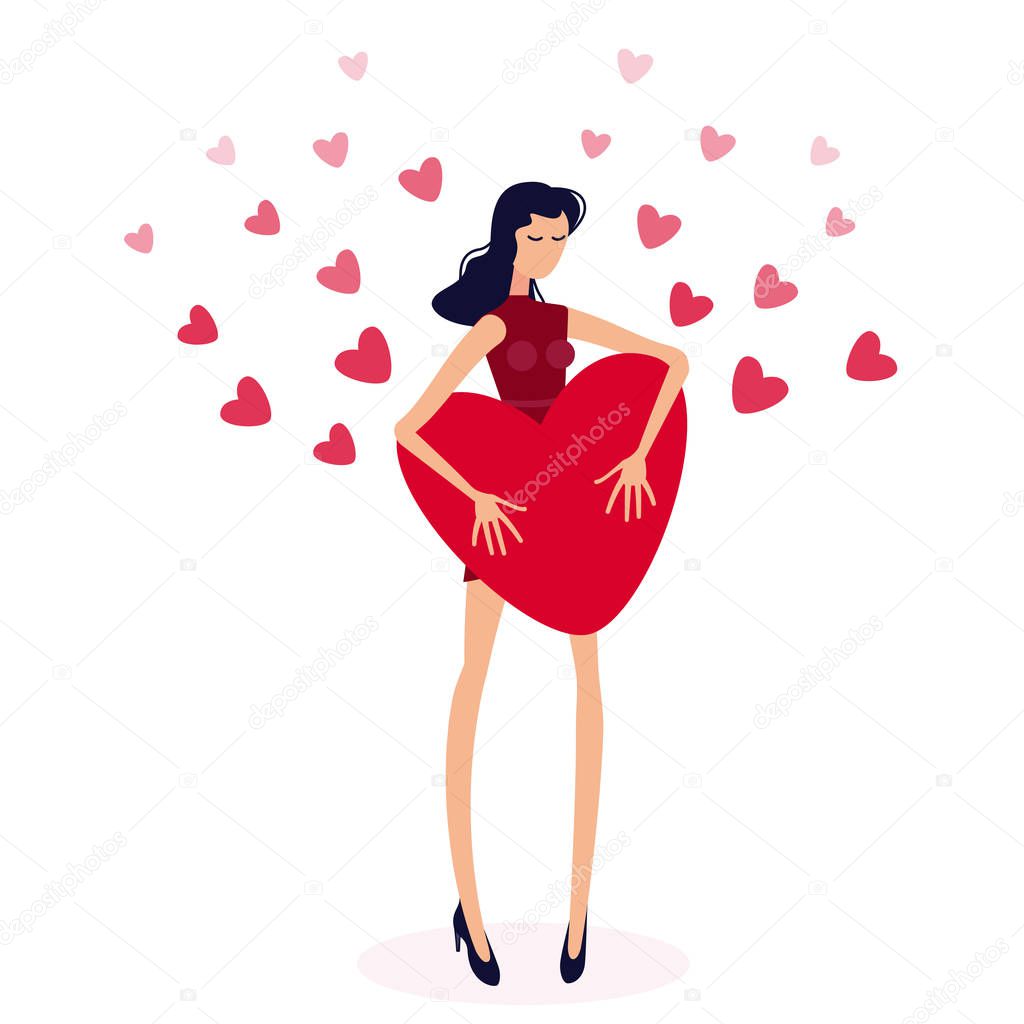 Girl holding big red heart.Valentine's hearts on love day concept. Isolated figure of a girl with long hair on the background of a lot of number of Valentine hearts. Young model, flat Illustration