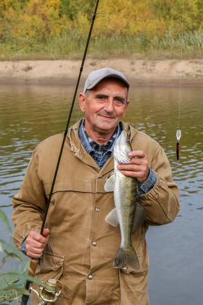 Old fisherman and his catch - zander — Stock Photo, Image