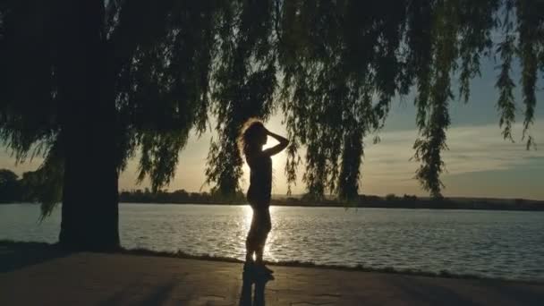 Silhouet van een mooi gezond meisje dat yoga op een weg in de buurt van een meer in de natuur buiten doet. Brede shot. — Stockvideo