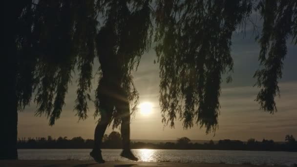Силуэт молодой женщины практикующей йогу на берегу озера на закате . — стоковое видео