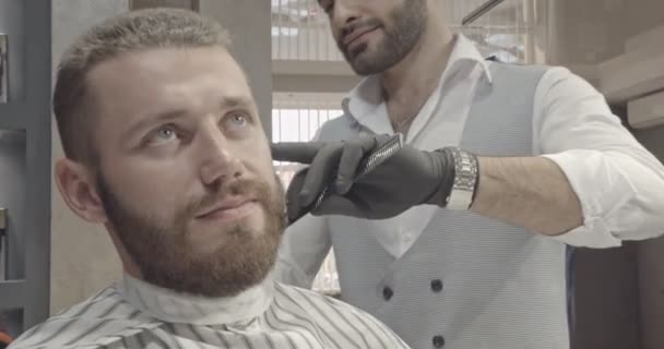 Крупним планом процес обрізання волосся в перукарні . — стокове відео