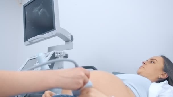 Беременная женщина смотрит на ультразвуковое сканирование ребенка с доктором. Врач провел обследование ребенка на УЗИ — стоковое видео