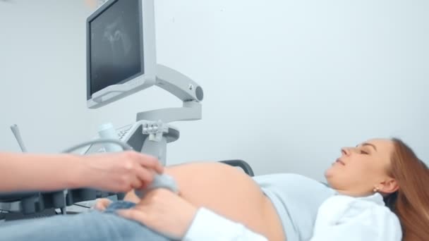 Pregnant woman looking at ultrasound scan of baby with doctor. Doctor made Examination of baby at ultrasound scan — Stock Video