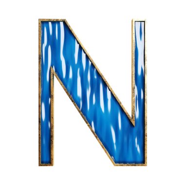 3D mavi alfabe ve numaralar cam ve bronz malzeme 3d illüstrasyon izole