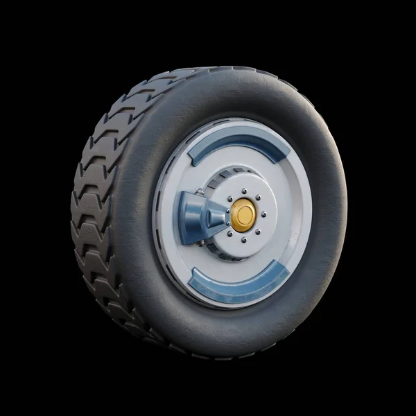 黑色背景下的未来派科幻卡车车轮 其全部细节 免版税图库图片