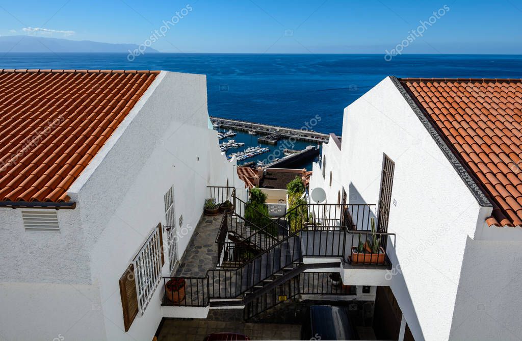 Beautiful steps in Los Gigantes. Tenerife. Charming narrow historic streets of white village