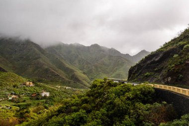 Yağmurdan sonra dağlarda yol. Dağlarda hafif sis.