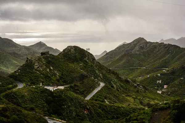 Camino en las montañas después de la lluvia. niebla ligera en las montañas. — Foto de Stock