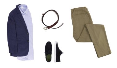 Resmi bir erkek elbiselerin düz bir şekilde yatıyordu. Ofis kıyafeti.