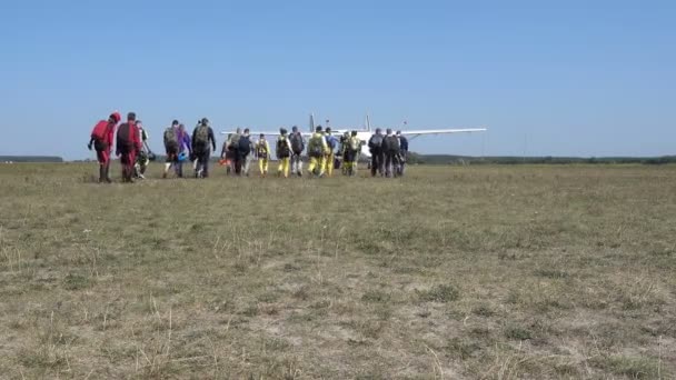 Kijów Ukraina Sierpień 2018 Jest Duża Grupa Spadochroniarzy Polu Lotniska — Wideo stockowe