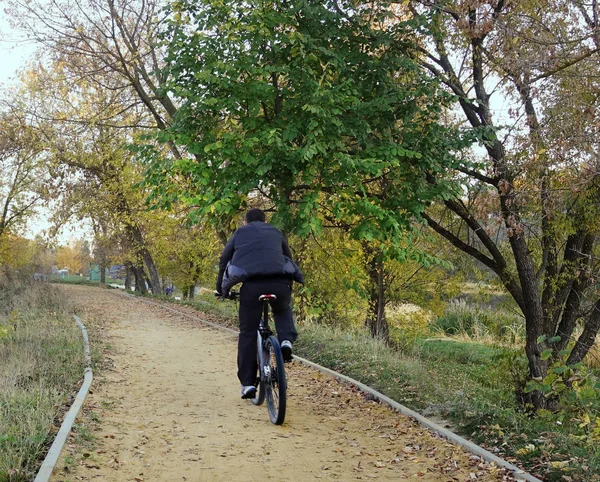 Parkta yürüyüş bisikletçi — Stok fotoğraf