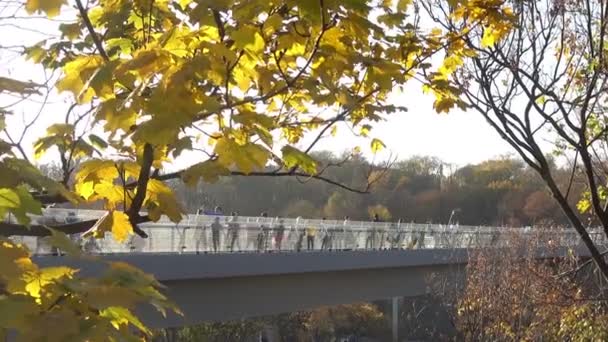 Kiev pedestrian-bicycle bridge on Vladimirskaya Gorka on an autumn day. — Stock Video